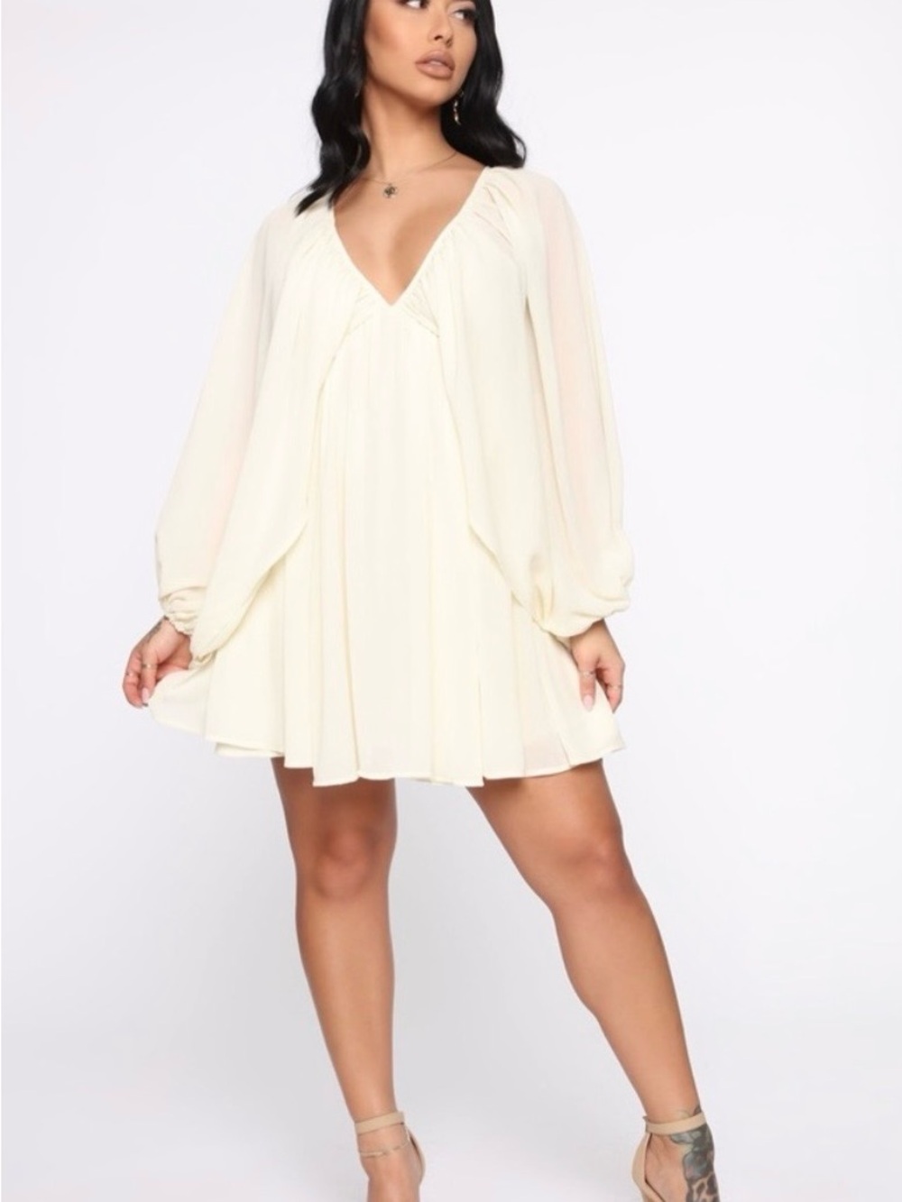 Fashion Nova Cream V-Neck Flow Mini Dress